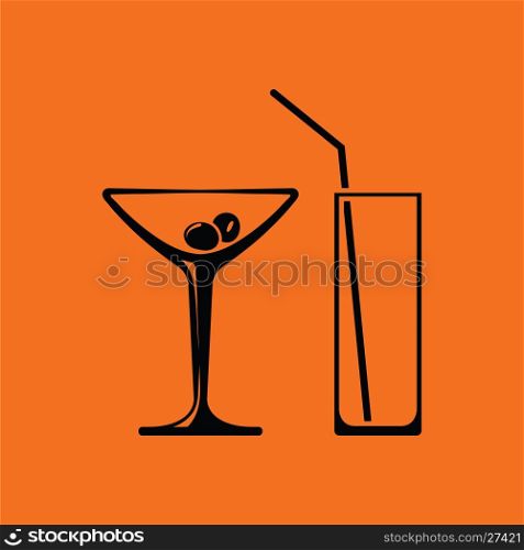 Coctail glasses icon. Orange background with black. Vector illustration.