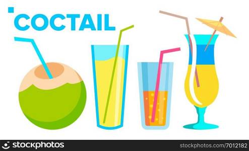 Coctail Icons Set Vector. Summer Alcoholic Drink. Holiday Beach Party Menu. Isolated Cartoon Illustration. Coctail Icons Set Vector. Summer Alcoholic Drink. Holiday Beach Party Menu. Isolated Flat Cartoon Illustration
