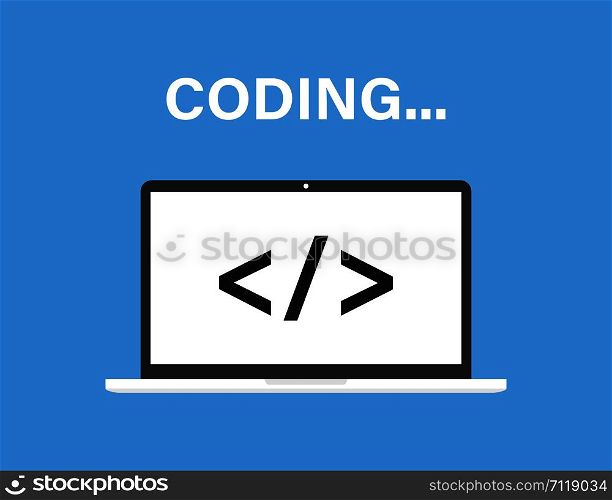 Codding concept of development and software. Laptop with program code sign on screen. Digital industry. Vector flat illustration. EPS 10. Codding concept of development and software. Laptop with program code sign on screen. Digital industry. Vector flat illustration.