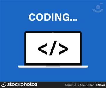 Codding concept of development and software. Laptop with program code sign on screen. Digital industry. Vector flat illustration. EPS 10. Codding concept of development and software. Laptop with program code sign on screen. Digital industry. Vector flat illustration.