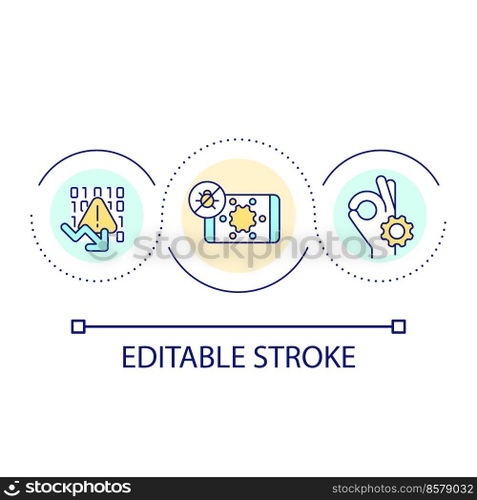 Code bugs detection loop concept icon. Programming. Software development. System optimization abstract idea thin line illustration. Isolated outline drawing. Editable stroke. Arial font used . Code bugs detection loop concept icon