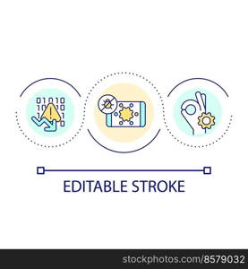 Code bugs detection loop concept icon. Programming. Software development. System optimization abstract idea thin line illustration. Isolated outline drawing. Editable stroke. Arial font used . Code bugs detection loop concept icon