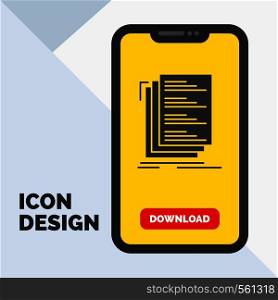 Code, coding, compile, files, list Glyph Icon in Mobile for Download Page. Yellow Background. Vector EPS10 Abstract Template background