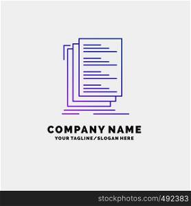 Code, coding, compile, files, list Purple Business Logo Template. Place for Tagline. Vector EPS10 Abstract Template background