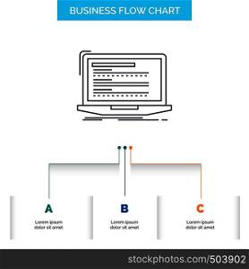 Code, coding, computer, monoblock, laptop Business Flow Chart Design with 3 Steps. Line Icon For Presentation Background Template Place for text. Vector EPS10 Abstract Template background