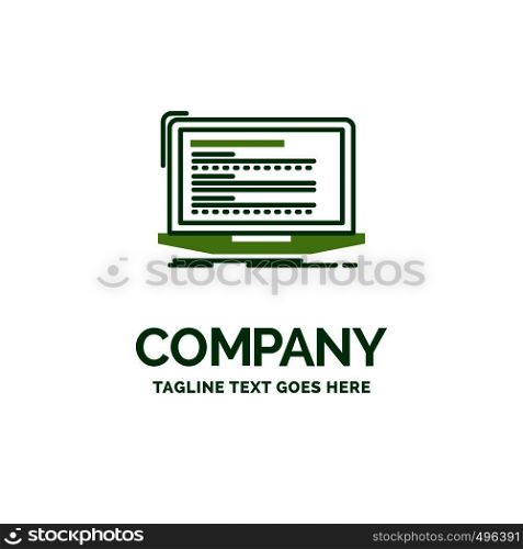 Code, coding, computer, monoblock, laptop Flat Business Logo template. Creative Green Brand Name Design.