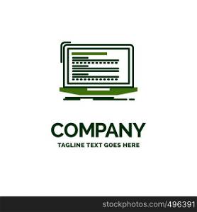 Code, coding, computer, monoblock, laptop Flat Business Logo template. Creative Green Brand Name Design.