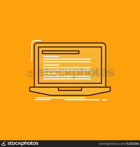 Code, coding, computer, monoblock, laptop Flat Line Filled Icon. Beautiful Logo button over yellow background for UI and UX, website or mobile application. Vector EPS10 Abstract Template background