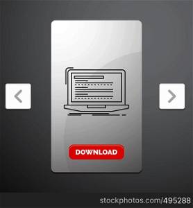 Code, coding, computer, monoblock, laptop Line Icon in Carousal Pagination Slider Design & Red Download Button. Vector EPS10 Abstract Template background