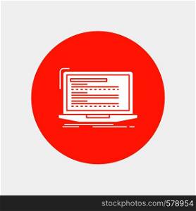 Code, coding, computer, monoblock, laptop White Glyph Icon in Circle. Vector Button illustration. Vector EPS10 Abstract Template background