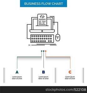 Code, coding, computer, monoblock, screen Business Flow Chart Design with 3 Steps. Line Icon For Presentation Background Template Place for text. Vector EPS10 Abstract Template background