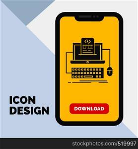 Code, coding, computer, monoblock, screen Glyph Icon in Mobile for Download Page. Yellow Background. Vector EPS10 Abstract Template background