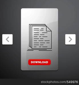 Code, coding, doc, programming, script Line Icon in Carousal Pagination Slider Design & Red Download Button. Vector EPS10 Abstract Template background