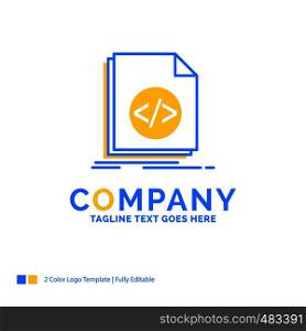 Code, coding, file, programming, script Blue Yellow Business Logo template. Creative Design Template Place for Tagline.