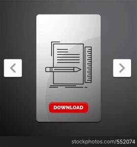 Code, coding, file, programming, script Line Icon in Carousal Pagination Slider Design & Red Download Button. Vector EPS10 Abstract Template background