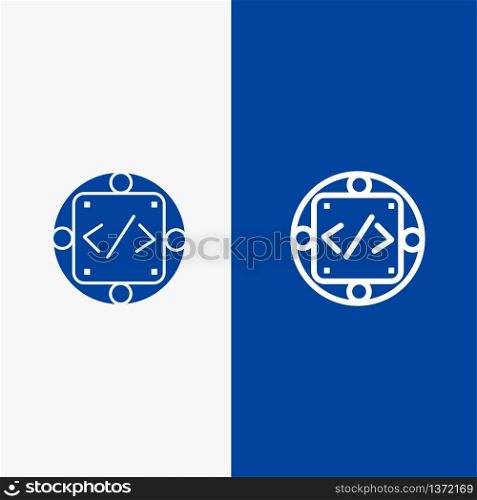 Code, Custom, Implementation, Management, Product Line and Glyph Solid icon Blue banner Line and Glyph Solid icon Blue banner
