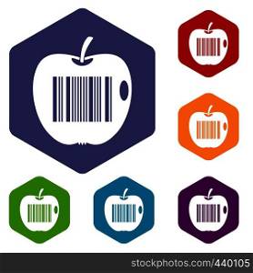 Code to represent product identification icons set hexagon isolated vector illustration. Code to represent product identification icons set