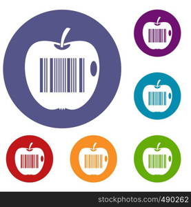 Code to represent product identification icons set in flat circle red, blue and green color for web. Code to represent product identification icons set