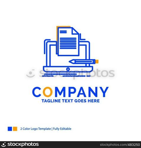 Coder, coding, computer, list, paper Blue Yellow Business Logo template. Creative Design Template Place for Tagline.