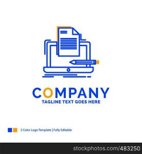 Coder, coding, computer, list, paper Blue Yellow Business Logo template. Creative Design Template Place for Tagline.