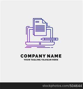 Coder, coding, computer, list, paper Purple Business Logo Template. Place for Tagline. Vector EPS10 Abstract Template background
