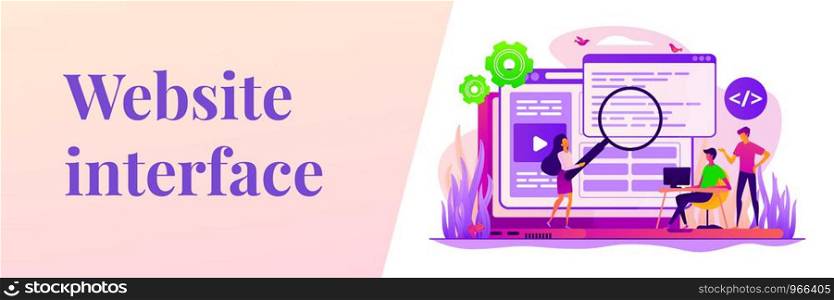 Coders and programmers team, web designers characters creating content. Front end developer, website interface, coding and programming concept. Header or footer banner template with copy space.. Front end development web banner concept