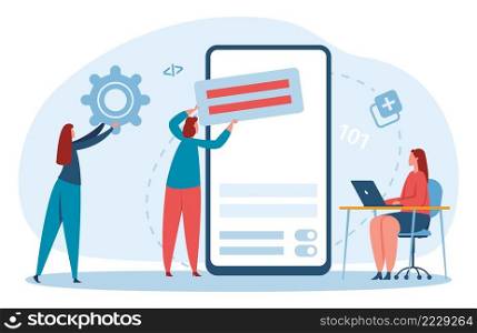 Coding and programming concept. Women working on laptop, mobile screen. Developing programs, technologies. Cartoon developers doing tasks and coding software on devices vector illustration. Coding and programming concept. Women working on laptop, mobile screen. Developing programs, technologies