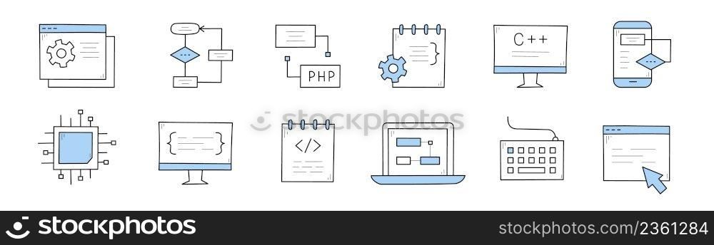 Coding and programming doodle icons set. Computer with code on screen, algorithm scheme, mobile phone, microcircuit chip, laptop, keyboard, desktop with arrow pointer. Line art vector illustration. Coding and programming doodle icons vector set