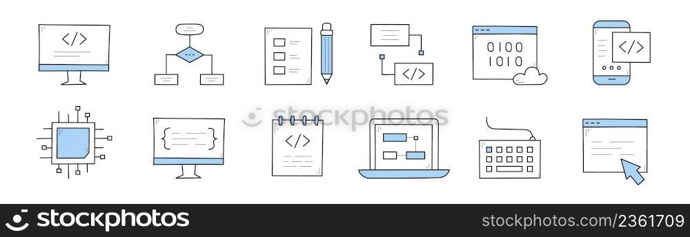 Coding and programming doodle icons set. Computer with code on screen, algorithm scheme, mobile phone, microcircuit chip, laptop, keyboard, desktop with arrow pointer, Line art vector illustration. Coding and programming doodle icons vector set