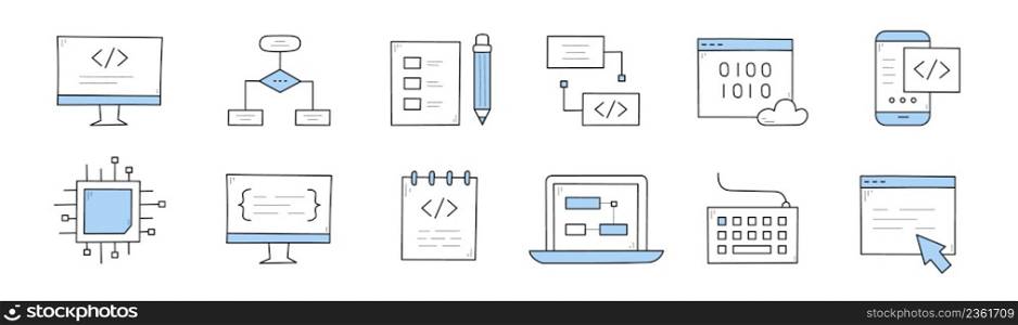 Coding and programming doodle icons set. Computer with code on screen, algorithm scheme, mobile phone, microcircuit chip, laptop, keyboard, desktop with arrow pointer, Line art vector illustration. Coding and programming doodle icons vector set