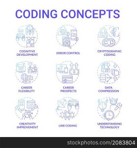 Coding blue gradient concept icons set. Software developer career. Programming idea thin line color illustrations. Isolated outline drawings. Editable stroke. Roboto-Medium, Myriad Pro-Bold fonts used. Coding blue gradient concept icons set