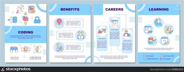Coding career brochure template. Developer job. Booklet print design with linear icons. Vector layouts for presentation, annual reports, ads. Arial-Black, Myriad Pro-Regular fonts used. Coding career brochure template