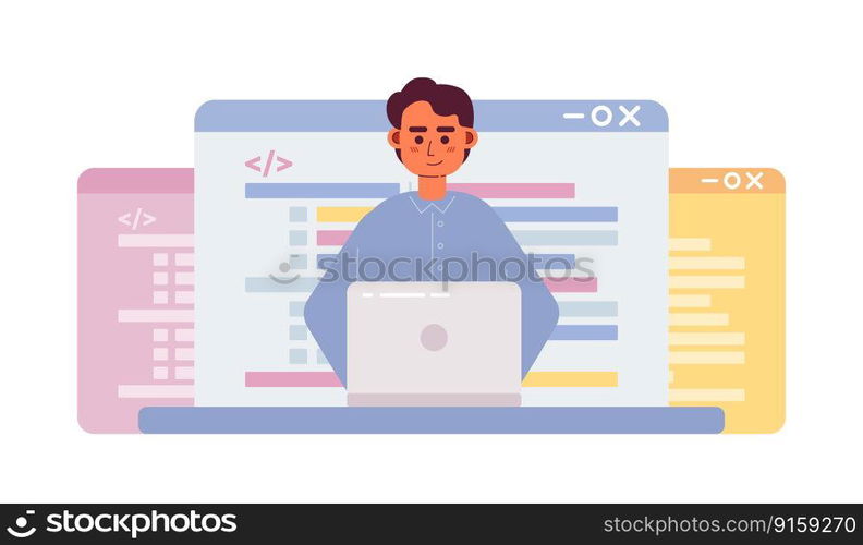 Coding career flat concept vector spot illustration. Programmer. Editable 2D cartoon character on white for web design. Computer software development creative idea for website, mobile, magazine. Coding career flat concept vector spot illustration