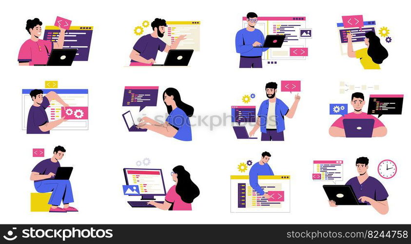 Coding characters concept. Cartoon developers working on web programming and application development, software testing metaphors flat style. Vector isolated set. People with laptops. Coding characters concept. Cartoon developers working on web programming and application development, software testing metaphors flat style. Vector isolated set
