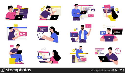 Coding characters concept. Cartoon developers working on web programming and application development, software testing metaphors flat style. Vector isolated set. People with laptops. Coding characters concept. Cartoon developers working on web programming and application development, software testing metaphors flat style. Vector isolated set