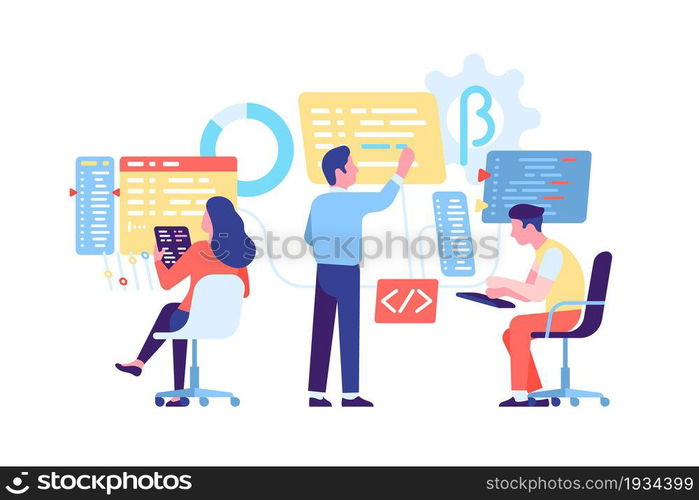 Coding computers people. Software engineering digital process. Web and apps technologies. Program development. Brainstorm teamwork. Programmers and coders work. Network developers. Vector concept. Coding computers people. Software engineering process. Web and apps technologies. Program development. Brainstorm teamwork. Programmers and coders. Network developers. Vector concept