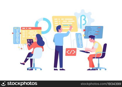 Coding computers people. Software engineering digital process. Web and apps technologies. Program development. Brainstorm teamwork. Programmers and coders work. Network developers. Vector concept. Coding computers people. Software engineering process. Web and apps technologies. Program development. Brainstorm teamwork. Programmers and coders. Network developers. Vector concept