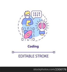 Coding concept icon. Computer programming language. Major digital skills abstract idea thin line illustration. Isolated outline drawing. Editable stroke. Arial, Myriad Pro-Bold fonts used. Coding concept icon