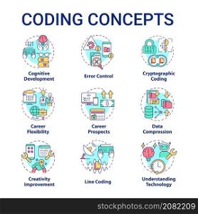 Coding concept icons set. Software developer job and skills. Programming idea thin line color illustrations. Isolated outline drawings. Editable stroke. Roboto-Medium, Myriad Pro-Bold fonts used. Coding concept icons set