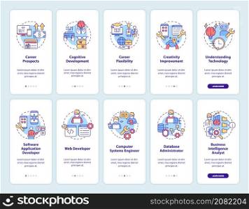 Coding concepts onboarding mobile app screen set. Programming walkthrough 5 steps graphic instructions pages with linear concepts. UI, UX, GUI template. Myriad Pro-Bold, Regular fonts used. Coding concepts onboarding mobile app screen set