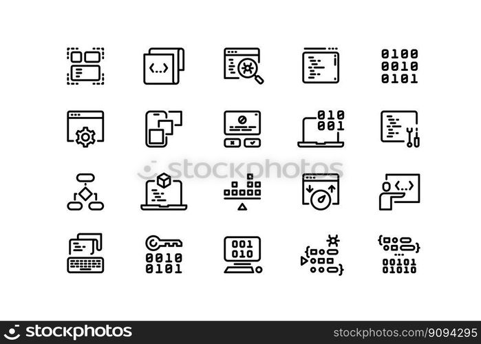 Coding line icons. Program code editing, running and debugging, software architecture, application development and optimization. Vector editable stroke collection of web programming illustration. Coding line icons. Program code editing, running and debugging, software architecture, application development and optimization. Vector editable stroke