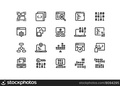 Coding line icons. Program code editing, running and debugging, software architecture, application development and optimization. Vector editable stroke collection of web programming illustration. Coding line icons. Program code editing, running and debugging, software architecture, application development and optimization. Vector editable stroke