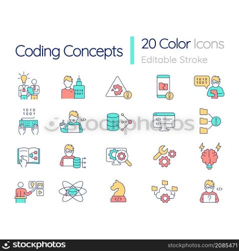 Coding RGB color icons set. Programmer specialist. Professional coding skills. Isolated vector illustrations. Simple filled line drawings collection. Quicksand-Light font used. Editable stroke. Coding RGB color icons set