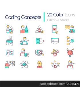 Coding RGB color icons set. Programmer specialist. Professional coding skills. Isolated vector illustrations. Simple filled line drawings collection. Quicksand-Light font used. Editable stroke. Coding RGB color icons set