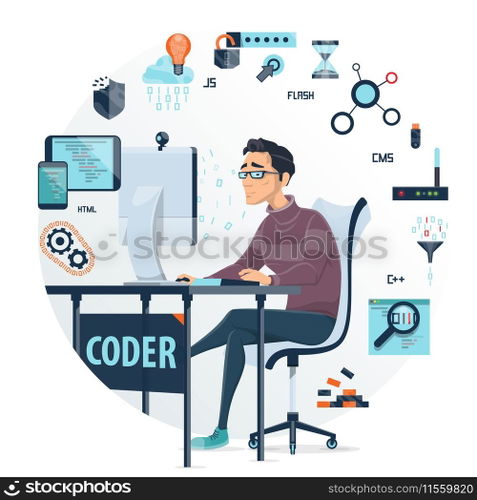Coding round composition with devices web elements programming languages and working programmer in centre isolated vector illustration. Coding Round Composition