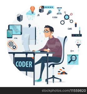 Coding round composition with devices web elements programming languages and working programmer in centre isolated vector illustration. Coding Round Composition