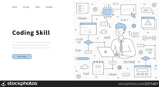 Coding skill doodle landing page. Programmer with laptop develop code, testing program and software for computer or mobile phone. Developer work with java, html, php, script Line art vector web banner. Coding skill doodle landing page with programmer