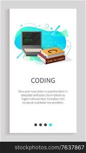 Coding subject vector, laptop and books with programing language, discipline in school or university, computer science and studies seminar. Website or app slider template, landing page flat style. Coding Discipline in School or University Course