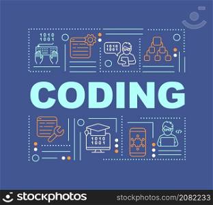 Coding word concepts navy banner. Application development. Infographics with linear icons on background. Isolated typography. Vector color illustration with text. Arial-Black font used. Coding word concepts navy banner