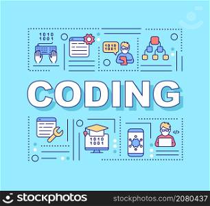Coding word concepts turquoise banner. Software development. Infographics with linear icons on background. Isolated typography. Vector color illustration with text. Arial-Black font used. Coding word concepts turquoise banner